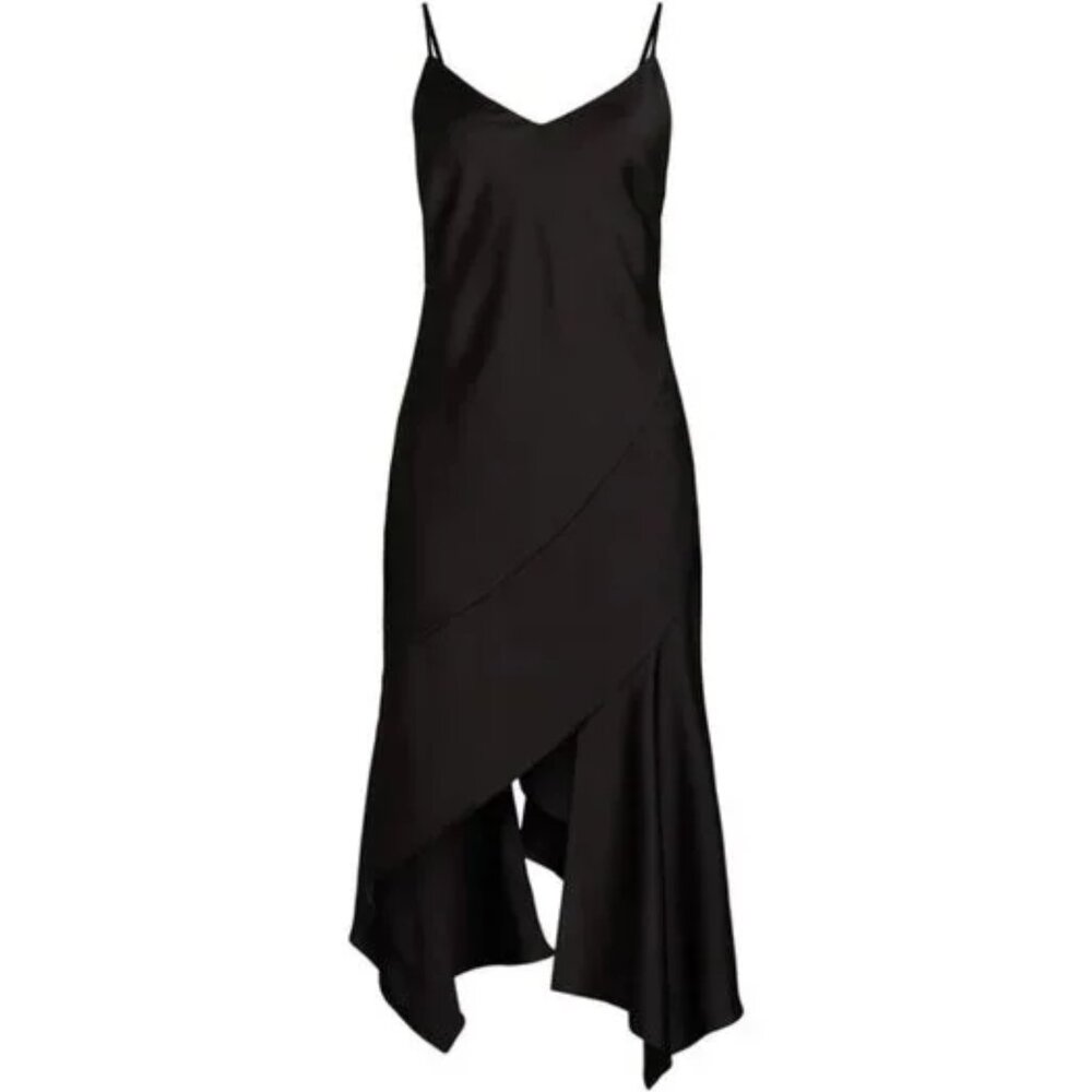 NWT, SZ M, Bias Cut Satin Midi Dress w/ Handkerchief Hem, BLACK